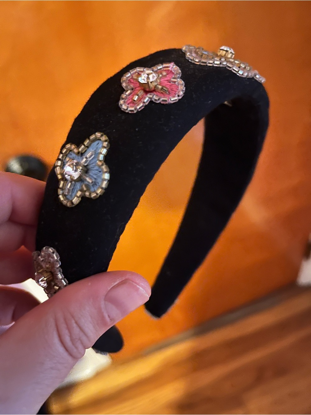 Mignonne gavigan Embellished Black Velvet Headband with Pink & Blue Accents